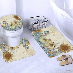 Cortinas de ducha decoración del hogar flor girasol juego de cortina de ducha impermeable con cubiertas de inodoro alfombras de baño alfombra antideslizante