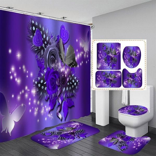 Rideaux de douche Accueil Fleur Violette Papillon Rideau de Douche imprimé imperméable 4 pièces Housse de Tapis Housse de Toilette Tapis de Bain Ensemble de Tapis de Salle de Bain 230919