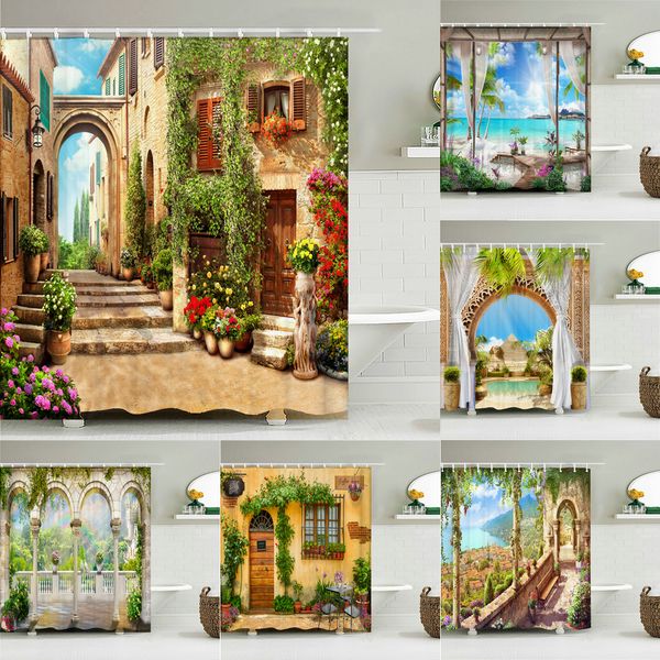 Rideaux de douche Accueil Décoration murale 3D Bâtiment européen Jardin Fleurs Patio Paysage Imperméable Polyester Chambre Salle de bain 221118