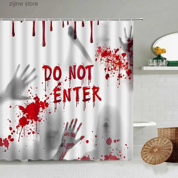 Rideaux de douche Horreur Handprint Rideaux de douche Rouge Sang Silhouette Créatif Halloween Rideau de Bain Moderne Tissu Salle de Bain Décor Ensemble avec Crochets Y240316