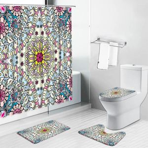 Rideaux de douche Indian Bohemian Geometric Imprimé rideau Mandala Flower Salle de bain Ensembles de salle de bain de bain sans glisse