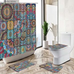 Rideaux de douche Indien bohème géométrique Bloom imprimé imperméable rideau de douche ensemble couleur Art salle de bain tapis antidérapant couvercle de toilette couverture tapis de bain Y240316