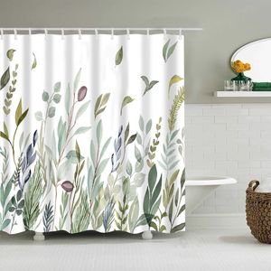 Rideaux de douche Fleurs et feuilles d'encre Rideaux de douche Feuilles de plantes Tissus en polyester Rideau de salle de bain avec crochets 180x200cm Décor à la maison Écran de bain 230322