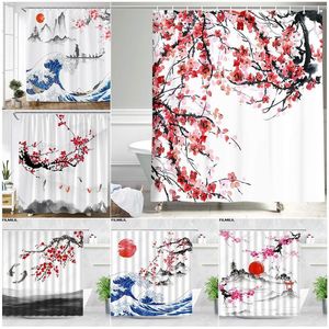 Cortinas de ducha Planta de tinta cortinas de ducha de flores ciruela roja cortinas de ducha de flor de cerezo japonés impresión de acuarela conjunto de decoración de baño blanco moderno 230406