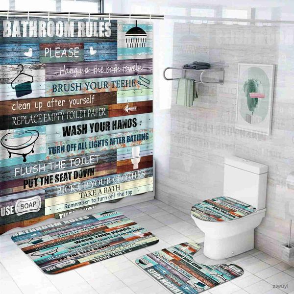 Cortinas de ducha con citas inspiradoras, juego de cortinas de ducha, alfombra, tapa de inodoro, alfombrilla de baño, conjunto de decoración de baño rústico Vintage, póster de madera impermeable