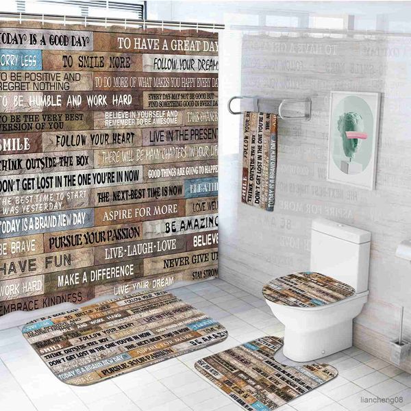 Cortinas de ducha Citas inspiradoras Juego de cortinas de ducha Cubierta de alfombra Alfombra de baño Juego de decoración de baño rústico Póster de madera impermeable R230825