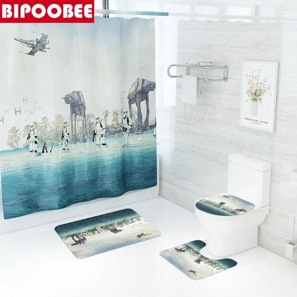 Rideaux de douche Interstellar Guerre 180x180cm Curtain 3d Airplan Robot Baignoire imprimé Set Piedstal Tapis de couvercle Couvercle de toilette Decor de salle de bain