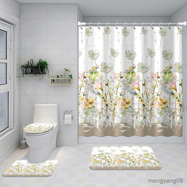 Rideaux de douche plante inversée feuilles fleurs rideau de douche imperméable salle de bain tapis de sol suspendu décoratif avec R230831