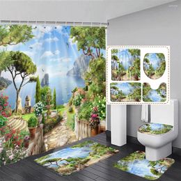 Rideaux de douche île Curtain de paysage de paysage Set Ocean Seaside Fleurs Plant Européen Style Home Decor décor de salle de bain Tapis de bain Toilet de toilette Couvercle
