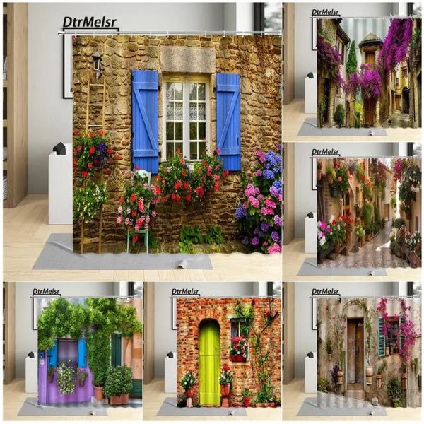 Cortinas de ducha Calle italiana Flor Cortina Retro Ladrillo Azul Ventana Planta Naturaleza Paisaje Impresión Jardín Pared Colgante Paño Decoración de baño