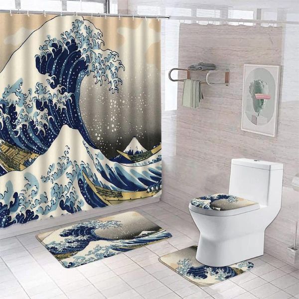 Rideaux de douche japon japon great wave imprimer rideau ensemble asiatique art peinture tissu salle de bain non glissée de salle de bain couvercle de couvercle de couvercle de couvercle