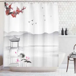Rideaux de douche jardin de style asiatique japonais avec oiseau et petit pavillon sur l'ensemble de rideaux en polyester à coiffure du lac Lotus
