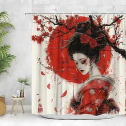 Rideaux de douche Rideau japonais Lune rouge Branche de fleur de cerisier Glam Femmes Fille chinoise Peinture à l'encre traditionnelle Décor de salle de bain