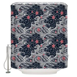 Rideaux de douche Style japonais vague de mer Texture de fleurs de cerisier rideau de salle de bain tissu Polyester avec 12 crochets étanche