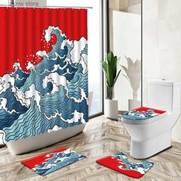Rideaux de douche Rideau de douche de style japonais dessin animé bleu océan vague conception maison tapis de piédestal antidérapant couverture de toilette chambre d'enfant salle de bain ensemble déco Y240316