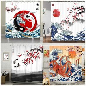 Rideaux de douche Style japonais rideau de douche Koi poisson fleur de cerisier soleil mer vague poulpe paysage Polyester tissu rideaux salle de bain décor