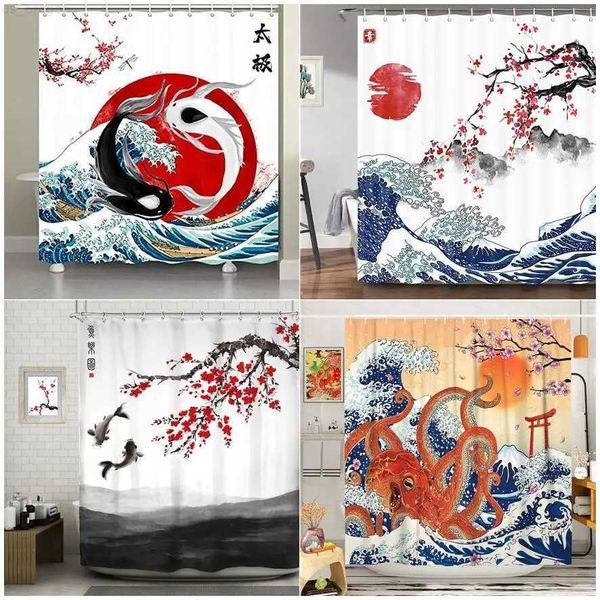 Cortinas de ducha Cortina de ducha de estilo japonés Pez Koi Flor de cerezo Sol Mar Ola Pulpo Paisaje Cortinas de tela de poliéster Decoración de baño