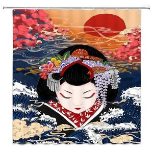 Rideaux de douche vintage geisha fille vague océan aquarelle abstraite florale traditionnelle