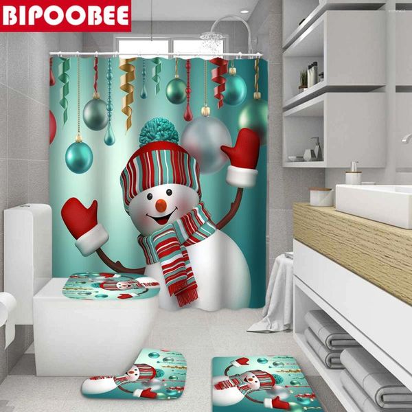 Rideaux de douche Kawaii Christmas Curtain Polyester Fabric Bath avec crochet Migne Snowman Decor décor de salle de bain piédestal tapis sans glissement