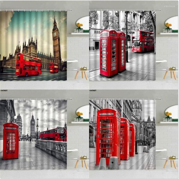 Cortinas de ducha, edificio emblemático, cabina de teléfono roja, cortina de autobús, arquitectura Retro de Londres 3D, Big Ben, suministros de decoración para el baño, tela