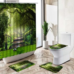 Cortinas de ducha Paisaje Cortina de ducha Árboles forestales Plantas verdes Impresión 3D Baño impermeable Bañera Antideslizante Pedestal Alfombra Cubierta de inodoro Y240316