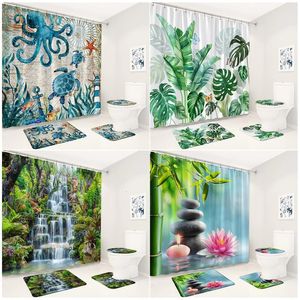 Rideaux de douche paysage rideau de douche ensemble plantes feuilles cascade bambou pieuvre tortue de mer décor de salle de bain tapis antidérapant tapis de bain couvercle de toilette 230322