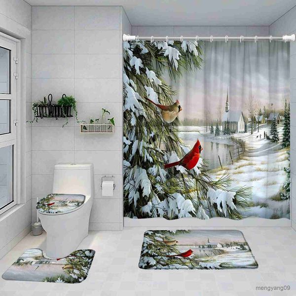 Rideaux de douche Paysage rideau de douche tapis de bain ensemble rouge oiseau baie noël salle de bain décor tapis anti-dérapant tapis couverture R230830