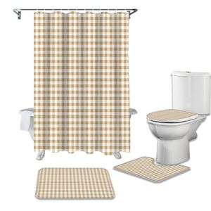 Cortinas de ducha de celosía, juego de cortinas de baño a cuadros simples, juegos de alfombrillas de baño con ganchos, alfombra de Pedestal antideslizante, cubierta de inodoro