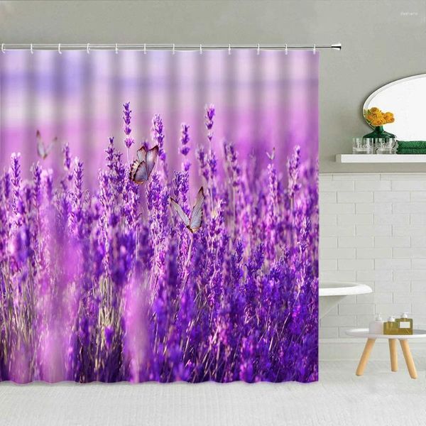 Rideaux de douche lavande papillon paysage pastoral jardin pourpre fleur paysage paysage décor de salle de bain imperméable tissu rideau de tissu