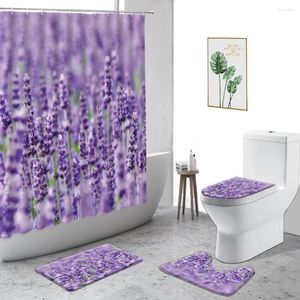 Rideaux de douche rideau de lavande végétal de fleurs violets paysage pastoral décor de salle de bain ensemble de toilettes de toilette antidérapante tapis de bain