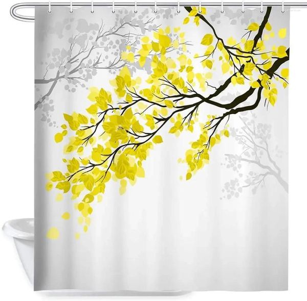Rideaux de douche ensemble de feuilles feuilles jaunes et grises branche d'arbre impression artistique rideau de bain en tissu Polyester pour salle de bain avec crochets