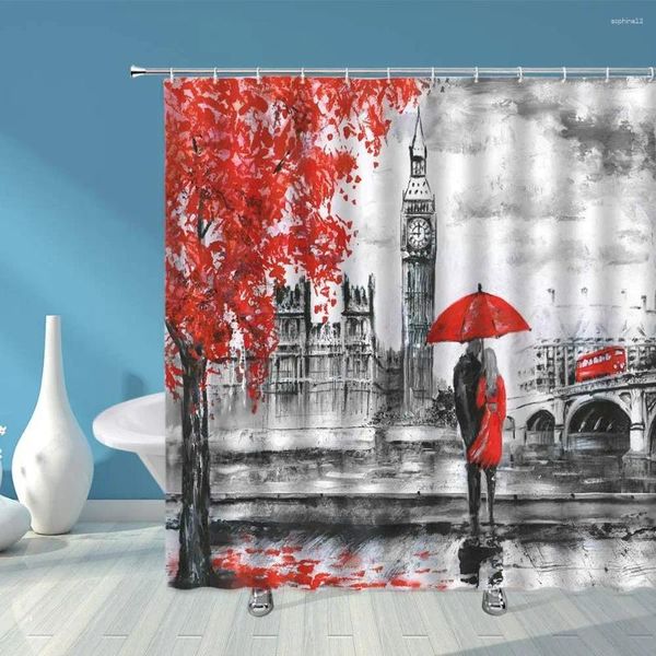 Rideaux de douche Londres Big Ben rideau européen Romantic Street Oil Painting Couple Couple Umbrella Tree Bus Bus River Bridge Decor Bathroom