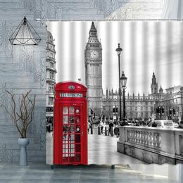 Rideaux de douche Londres Big Ben rouge cabine téléphonique rétro salle de bain rideau de douche imperméable Polyester tissu décoration de la maison Art rideaux de bain 231025
