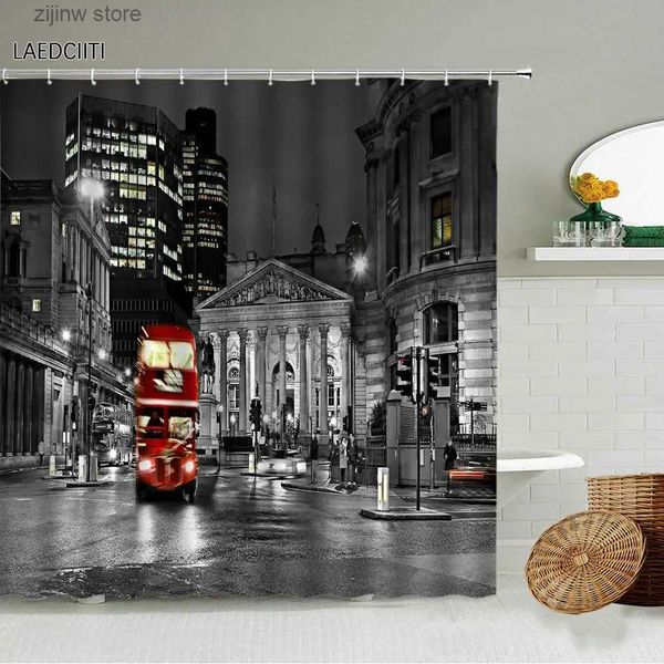 Rideaux de douche Rideau de douche de paysage de ville de Londres, bâtiment rétro, tour de bus rouge, pont de salle de bains avec crochet suspendu, écran étanche, décoration de maison Y240316