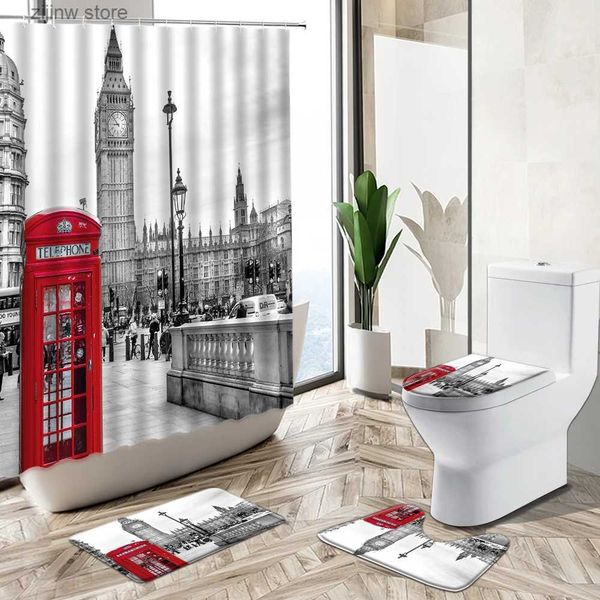 Rideaux de douche Rideau de douche paysage de ville de Londres rétro Big Ben cabine téléphonique rouge vue sur la rue tapis de piédestal antidérapant couverture de toilette ensemble de salle de bain Y240316