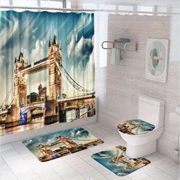 Cortinas de ducha Cortinas Londres Puente de la torre en la dramática Sunsat Támesis Nubes del río Gray Decoración Matera de baño alfombra de la tapa del inodoro