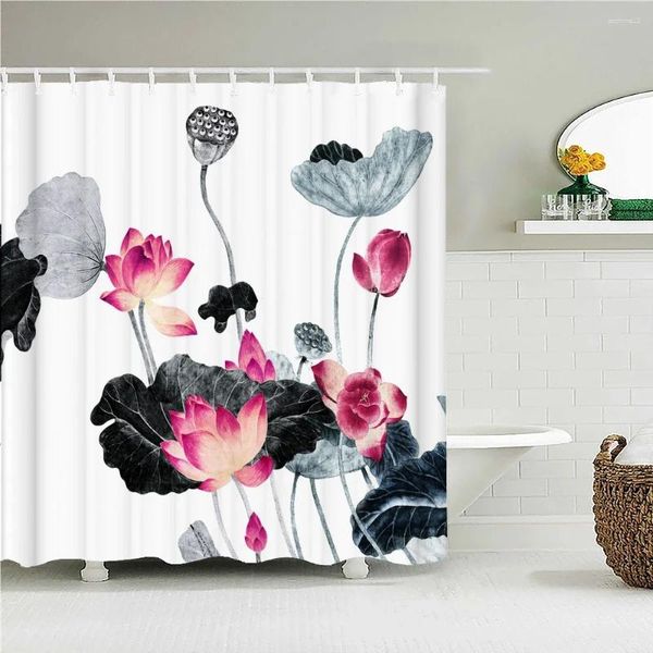 Rideaux de douche Lotus Flower Printing rideau chinois aquarelle art maison baignoire de salle de bain décoration écran en polyester imperméable avec crochet
