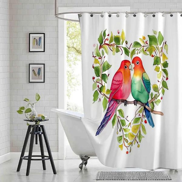 Rideaux de douche Love Birds Rideau Saint Valentin Couronne en forme de coeur Tissu en polyester imprimé Salle de bain imperméable avec crochets