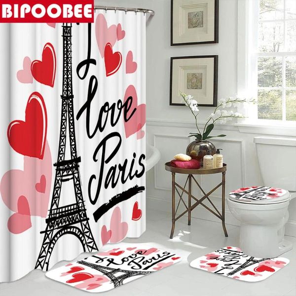 Rideaux de douche aiment la tour Eiffel imprimer la salle de bain rideau de salle de bain piédestal tapis couvercle couvercle de toilette de bain de bain baignoire en tissu baignoire avec crochets