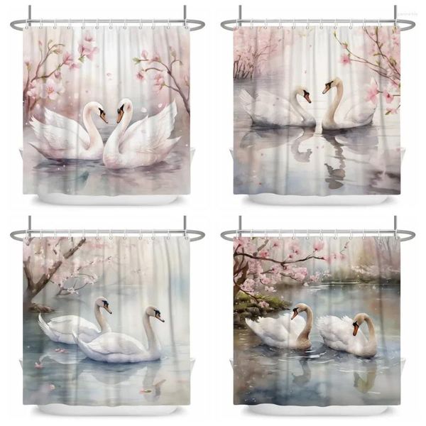 Cortinas de ducha Love Swan Lake Flower Tree Paisy Cortina Pareja romántica Tema Decoración de la pared del baño Conjunto de pantalla de poliéster impermeable