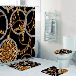 Rideaux de douche luxe en or noir baroque rideau ensemble moderne doré damasque de salle de bain longue salle de bain tapis accessoires
