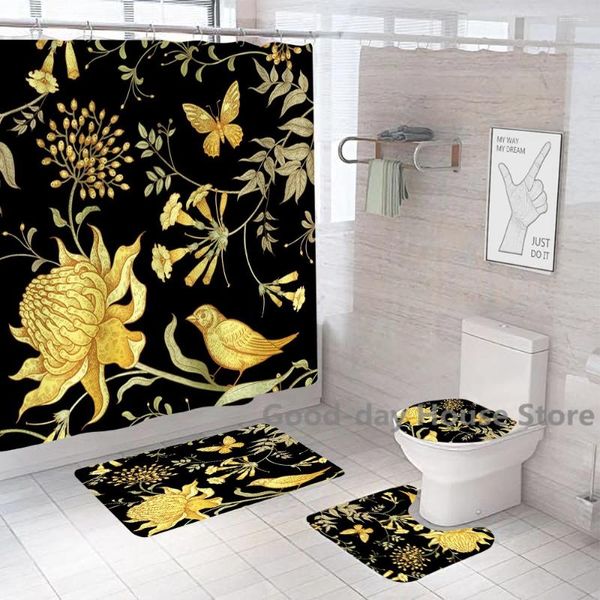 Rideaux de douche de luxe, ensembles de rideaux en or noir, tissu en Polyester lavable, couverture de toilette à fleurs, accessoires de salle de bains