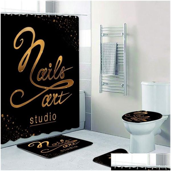 Cortinas de ducha Lujo Negro Oro Nails Art Studio Company Baño Cortina de ducha Conjunto Sparkle Glitter Maquillaje Salón de belleza Dhgarden Dhn7F