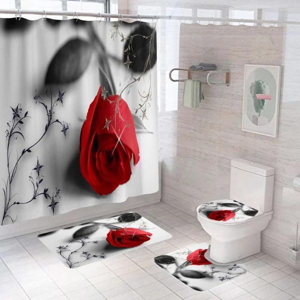 Rideaux de douche Luxury Flower Rose étanche rideau de salle de bain Tissu imprimé 3D avec décoration de crochets