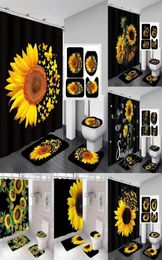 Cortinas de ducha Conjuntos de cortinas de mariposa mágica Arte amarillo negro Flor de campo Decoración de baño Alfombras de baño Alfombra Tapa de inodoro 2209225548770