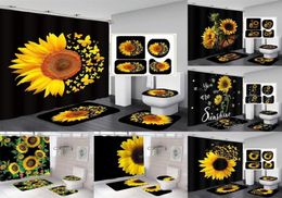 Douche gordijnen magische vlinder gordijn sets zwart gele kunst land bloem badkamer decor badmatten tapijt toiletkap 2209226841831