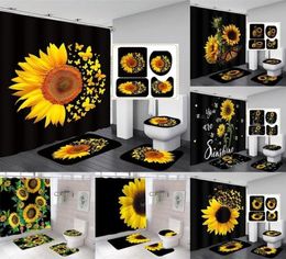 Douche gordijnen magische vlinder gordijn sets zwart gele kunst land bloem badkamer decor badmatten tapijt toilethoes 2209229397834