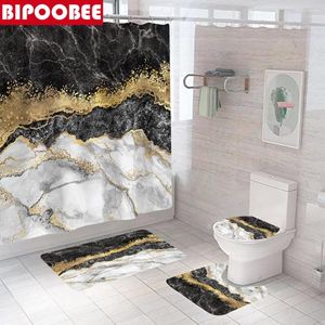 Douche gordijnen marmeren crack textuur luxe stenen patroon badkamer gordijn pedestal niet-slip vloerkleed zwart bad matten set home decor