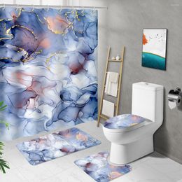 Rideaux de douche Impression de taches de marbre Long rideau Rail Tapis de salle de bain Ensemble Couverture de toilette Tapis de bain antidérapant Décor de baignoire imperméable avec crochets