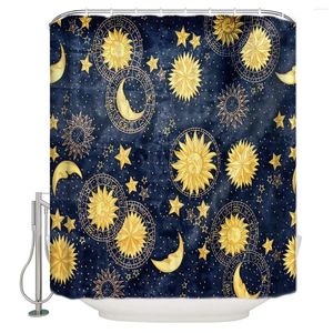 Las cortinas de ducha se encuentran 1998 Boho Chic Art Golden Sun Moon and Stars Over Blue Black Sky Water Improon Bathing Cortina